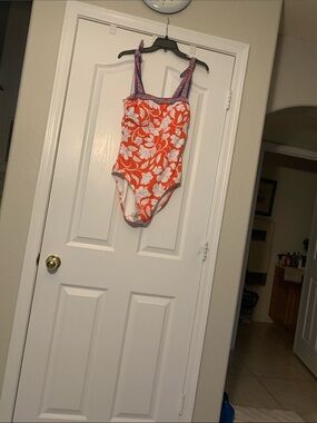 Tommy Bahama Orange Floral One-Piece Swimsuit with Purple Straps